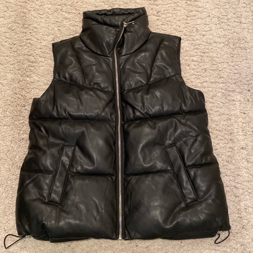 Faux Leather Black Puffy Vest Jacket